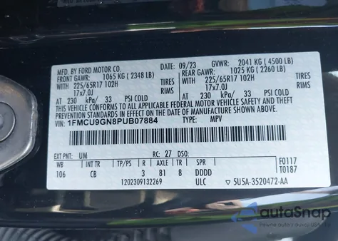 2023 Ford Escape Active z USA, uszkodzony, nr VIN 1FMCU9GN8PUB07884